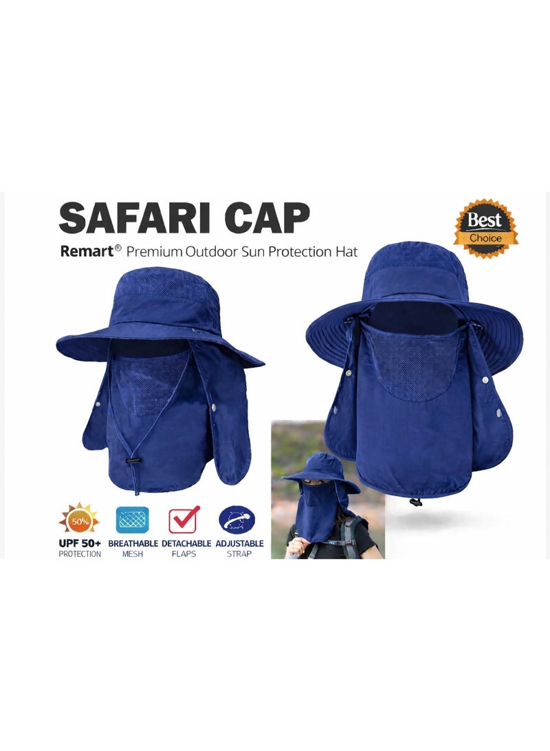 Remart Safari Cap – Navy Blue Outdoor Sun Protection Hat with Wide Brim, Detachable Face & Neck Cover, Breathable Mesh, Adjustable Chin Strap (UPF 50+) - Image 1
